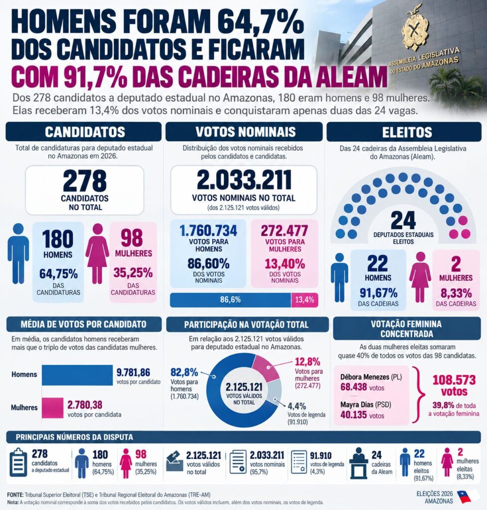 Homens foram 64,7% dos candidatos e ficaram com 91,7% das cadeiras da Aleam